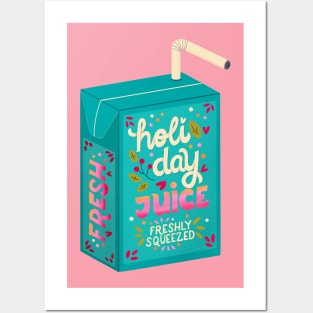 Juice box with hand lettering holiday juice. Cute festive winter holiday illustration. Bright colorful pink and blue greeting card. Posters and Art